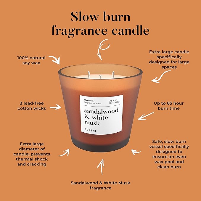 Hidden Label Large Scented Candle, Sandalwood & White Musk, 30oz 3 Wick Huge Candle, Huge Slow Burn Natural Soy Candles for Home Scented