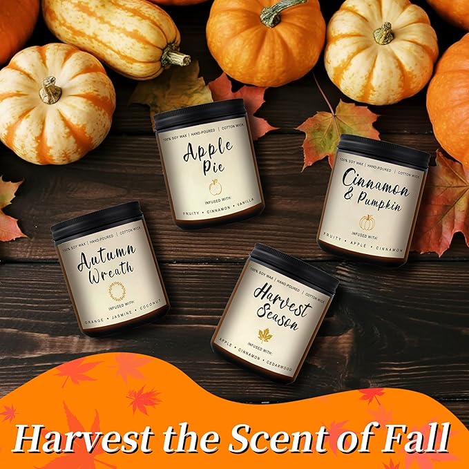 Fall Candles Gift Set ā 4 Pack Scented Soy Candles for Home, Autumn Decor, Fall Decorations, Pumpkin Spice, Apple Pie, Cinnamon, Harvest ā Great for Halloween & Thanksgiving Gifts