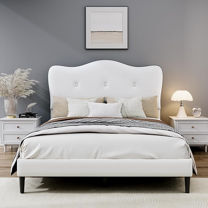Twin Size Bed Frame, Upholstered Bed Frame with Headboard, Platform Bed Frame with Wood Slats Support, No Box Spring Needed, Adjustable Height Headboard, White