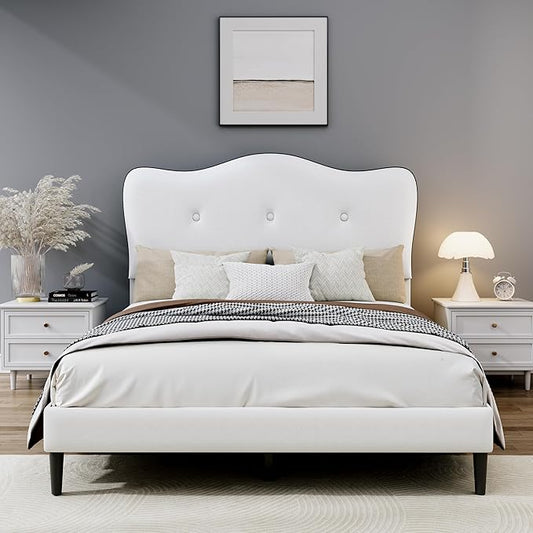 Twin Size Bed Frame, Upholstered Bed Frame with Headboard, Platform Bed Frame with Wood Slats Support, No Box Spring Needed, Adjustable Height Headboard, White