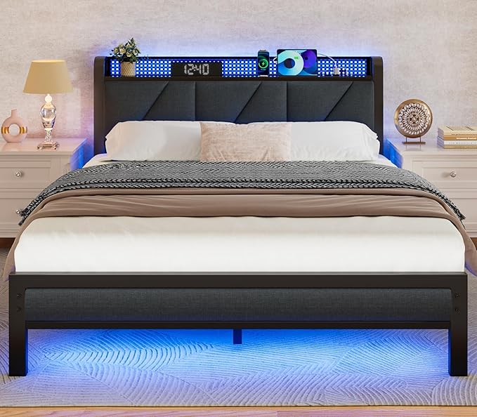 Furnulem Queen Size Bed Frame with Headboard and LED Lights, Upholstered Bedframe with Charging Station and USB Port, Platform Metal Bed Frames, No Box Spring Needed, Noise Free
