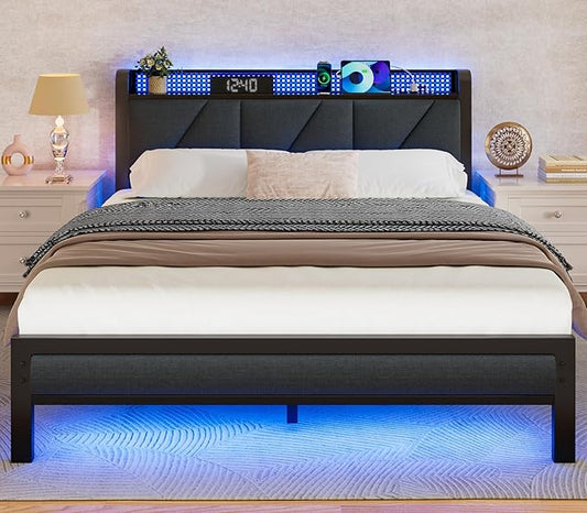 Furnulem Queen Size Bed Frame with Headboard and LED Lights, Upholstered Bedframe with Charging Station and USB Port, Platform Metal Bed Frames, No Box Spring Needed, Noise Free