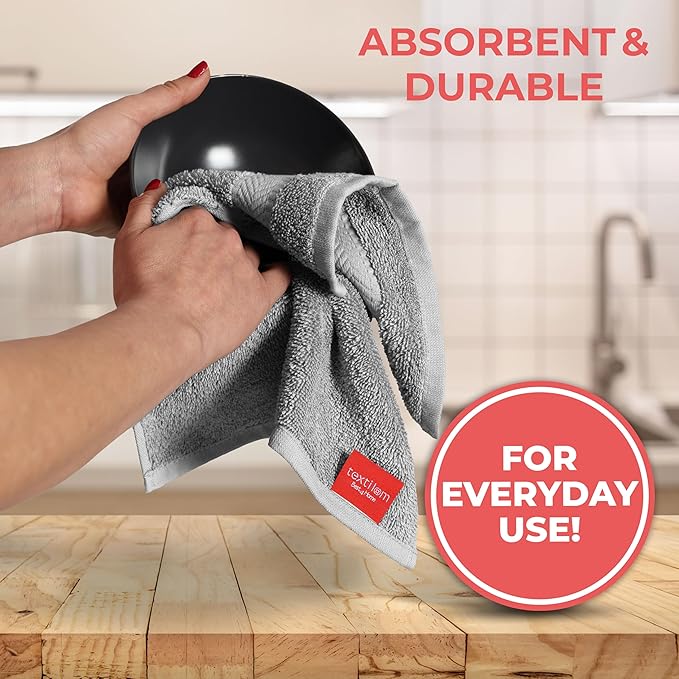 TEXTILOM 100% Turkish Cotton 4 Piece Luxury Washcloth Towel Set for Bathroom & Kitchen, Thick & Super Soft & Highly Absorbent & Quick Dry for Face and Hand- Grey