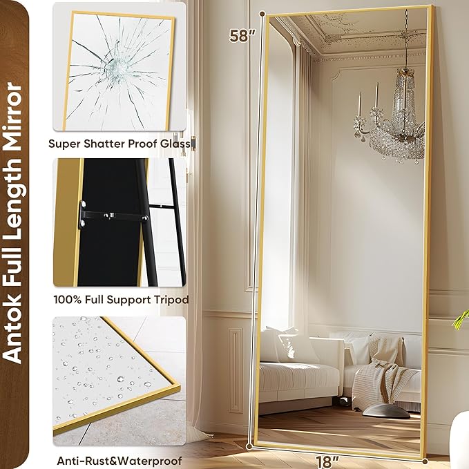 Antok Full Length Mirror, 58"x18" Floor Mirror with Stand, Hanging Mounted Mirrors for Bedroom, Living Room, Cloakroom, Dining Room, Gold, Rect