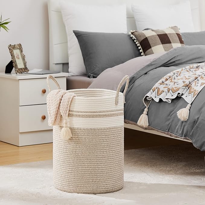 Fiona's magic 72L Large Woven Laundry Hamper, Tall Cotton Rope Storage Basket, Jute Baby Nursery Hamper for Blankets, Toys and Clothes in Bedroom and Living Room Organizing, Brown & White