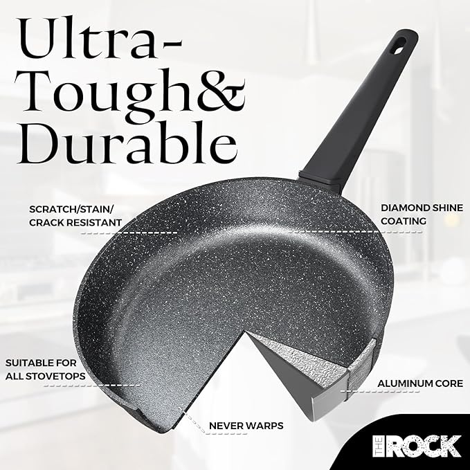 THE ROCK SOHO 8-Inch Non Stick Frying Pan with Lid – Nothing Sticks, Never Warps, Lasts Longer, Healthy Skillet with Heat-Resistant Handle, PFOA Free, Oven & Dishwasher Safe, Black