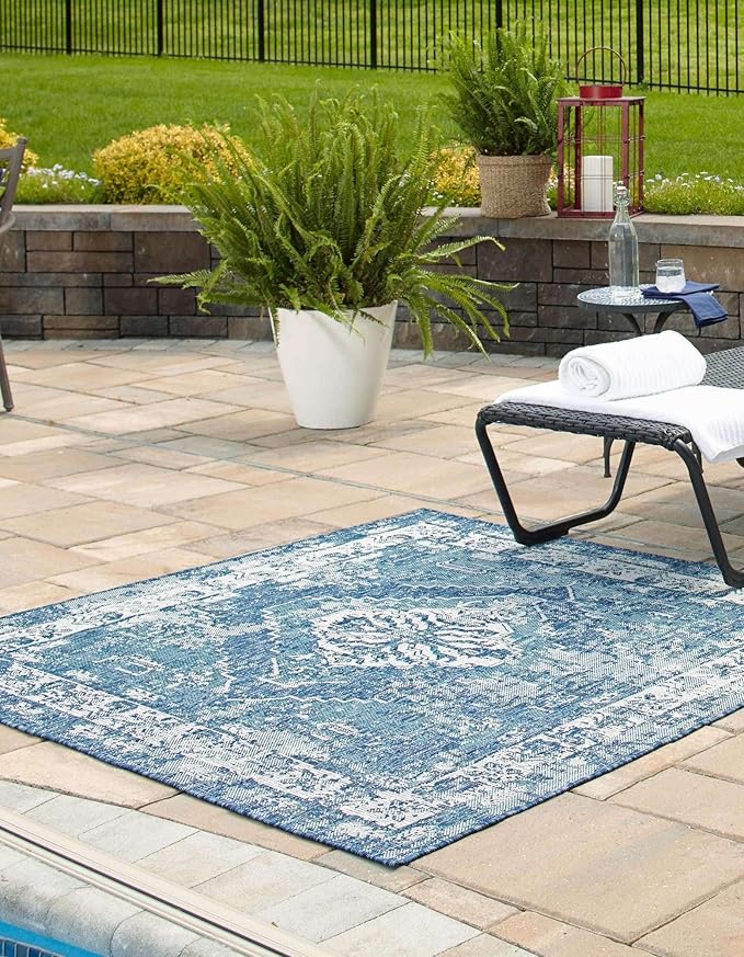 Unique Loom Outdoor Traditional Collection Area Rug - Valeria (13' Square, Blue/ Ivory)