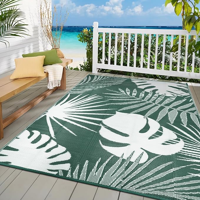Waterproof Outdoor Rug 6x9 ft, Reversible Plastic Straw Mat with Leaf Pattern, Large Floor Mat for Patio, Camping, Picnic, Backyard RV, Deck, Dark Green