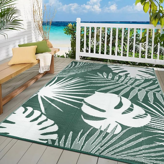 Waterproof Outdoor Rug 6x9 ft, Reversible Plastic Straw Mat with Leaf Pattern, Large Floor Mat for Patio, Camping, Picnic, Backyard RV, Deck, Dark Green