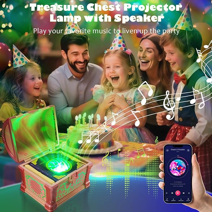 Treasure Chest Galaxy Projector with Bluetooth Speaker for Kids Room Decor, Nebula Aurora Galaxy Night Light Projector Ceiling Projection Nightlight with 8 White Noises, Timing for Bedroom, Kids Room