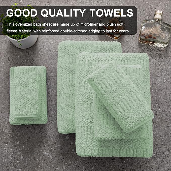 8 Piece Extra Large Bath Towels Set,2 Oversized 35"x70" Bath Towel Sheets,2 Hand Towels and 4 Washcloths 600 GSM Highly Absorbent Quick Dry Towels Set for Bathroom Hotel Light Green