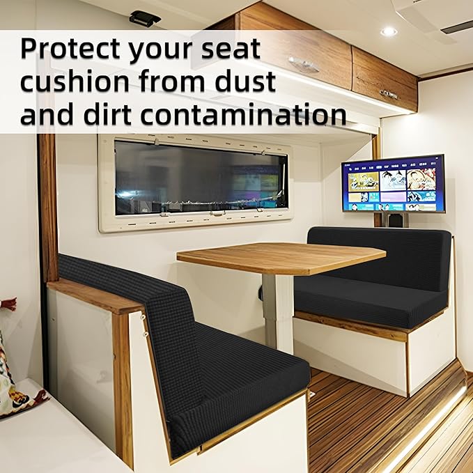 Rv Dinette Cushion Covers,Jacquard Stretchable Camper Cushion Cover,RV Cushion Slipcover,Rv Couch Cover Replacement for RV Camper Car Bench,2 Backrest Covers and 2 Bench Covers (Checkered,Black)