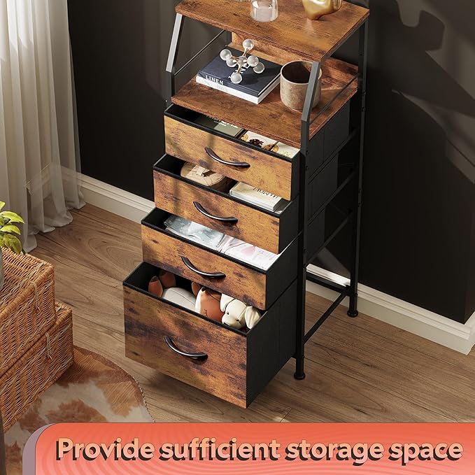 WLIVE Tall Nightstand with 4 Fabric Drawers & Open Shelf, Bedside Table for Bedroom, Modern Tall Dresser, Rustic Brown Wood Grain