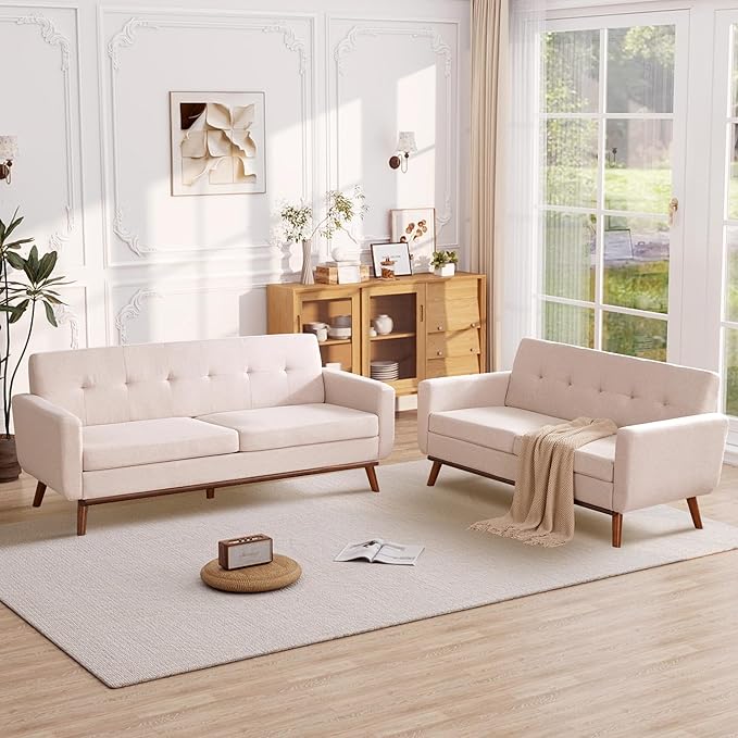 Kingfun 65" W Loveseat Sofa, Mid Century Modern Decor Love Seat Couches for Living Room, Button Tufted Upholstered Furniture, Solid & Easy to Install Small Couch for Bedroom Office Apartment,Oatmeal