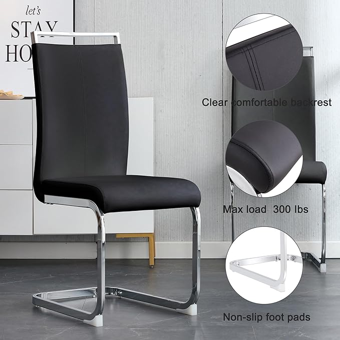 Glass Dining Table Set for 4,Rectangle Dinner Table with 4 Black Leather Kitchen Chairs,51 in Kitchen Room Dining Set,0.31” Tempered Glass Tabletop with Silver Metal Legs,4 Dining Chairs