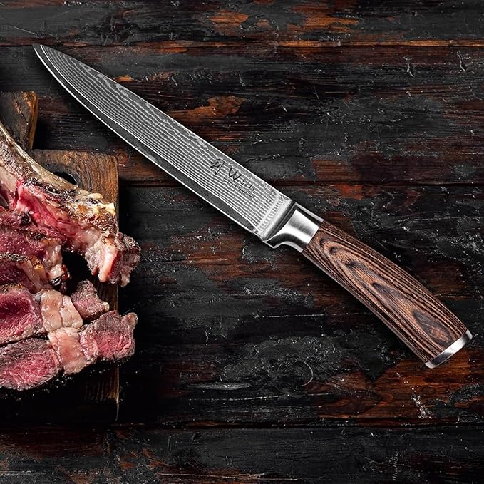 Wakoli EDIB Damascus Meat Knife – 7-inch blade made of 67 layers of Damascus steel with VG10 core, ergonomic Pakkawood Handle, for Meat, Fish, BBQ, Roasts & more – in Gift Box