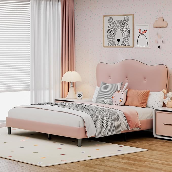 Twin Size Bed Frame, Upholstered Bed Frame with Headboard, Platform Bed Frame with Wood Slats Support, No Box Spring Needed, Adjustable Height Headboard, Pink