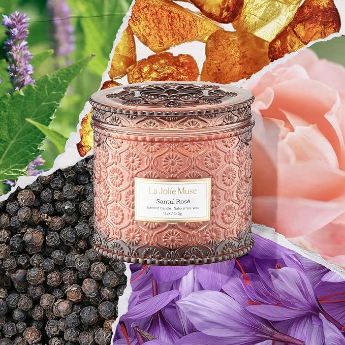 LA JOLIE MUSE Rose Candle, Scented Candles for Home, Large 2-Wick Soy Candles, Luxury Pink Candle Gifts for Women & Men, 60 Hours Long Burning, Santal Rose, 12oz