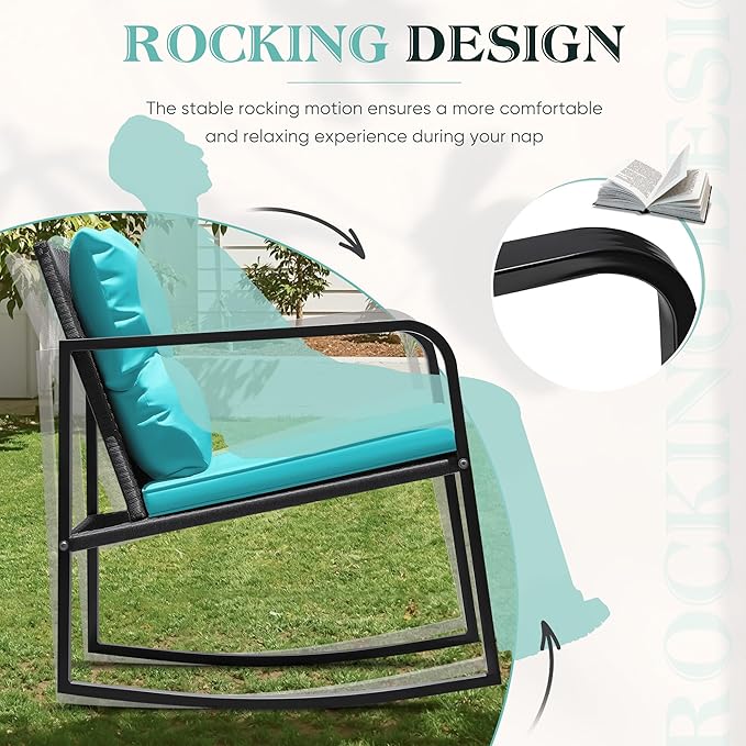 Greesum 3 Pieces Rocking Wicker Bistro Set, Patio Outdoor Furniture Conversation Sets with Porch Chairs and Glass Coffee Table, Blue