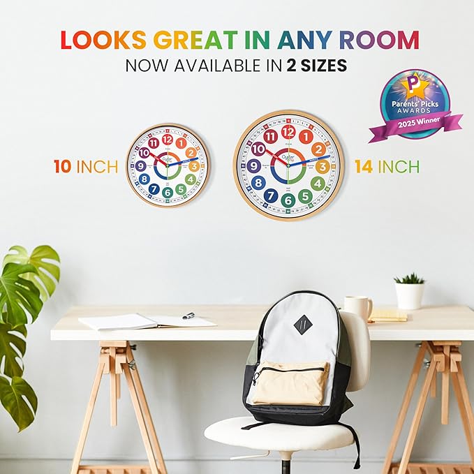 Oyster&Pop Extra Large Learning Clock for Kids - 14 Inch Silent Analog Classroom Clock - Kids Room Decor - Makes Teaching Time Easy