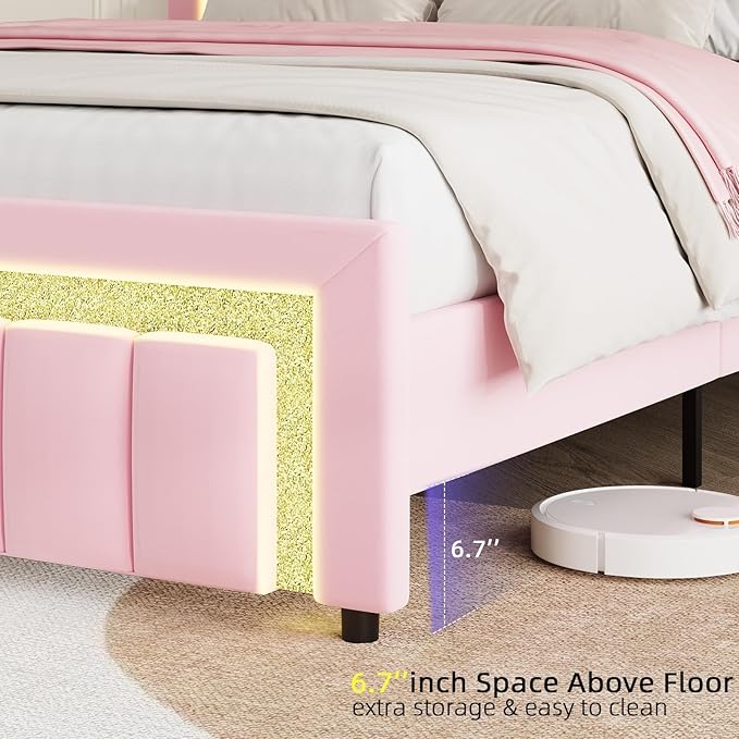 HOMBCK Queen Bed Frame with LED Lights and Velvet Upholstered Headboard, Bed Frame Queen Size with Modern Diamond Headboard Adjustable, Wooden Slats Support, Noise Free, No Box Spring Needed, Pink