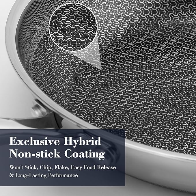 10 Inch Hybrid Non Stick Frying Pan Set Skillet Stainless Steel Skillet Chef's Pan with Matching Lid, PFOA-Free Non-Toxic Cookware, Dishwasher & Oven Safe, Induction Compatible All Cooktop