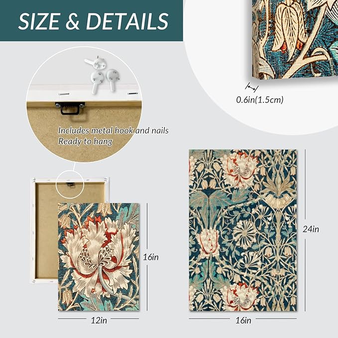 FASWQ Framed William Morris Wall Art, Nouveau Vintage Botanical Wall Decor, Retro Intricate Floral Animal Canvas Painting, Retro Natural Flower Bird Poster Prints for Living Room Bedroom 12"x16"x3