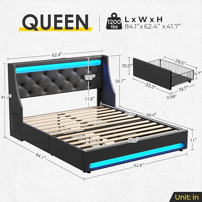 Rolanstar Queen Bed Frame with LED Lights and Charging Station, PU Leather Bed with Drawers, Wooden Slats, Noise Free, Easy Assembly, Black