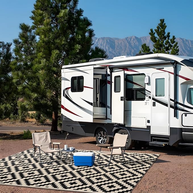 OLANLY Waterproof Outdoor Rug 5x8 ft, Outdoor Plastic Straw Rug for Camping, RV Mat Outside, Outdoor Carpet for Porch, Deck, Backyard, Balcony, Picnic, Black & Beige