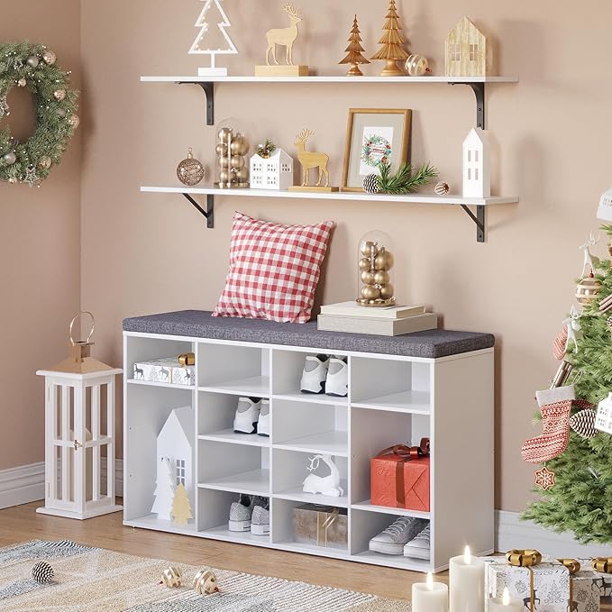 DINZI LVJ Shoe Storage Bench with Cushion, 14-Cubby Shoe Rack, Adjustable Shelves, Multifunctional Shoe Organizer Bench for Entryway, Mudroom, Hallway, Living Room, Bedroom and Garage, White