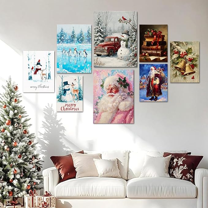 Vintage Golden Bells & Holly Berries Christmas Canvas Wall Art - Rustic Winter Holiday Framed Print for Living Room, Elegant Christmas Wall Decor, Ideal Christmas Gifts & Festive Decorations