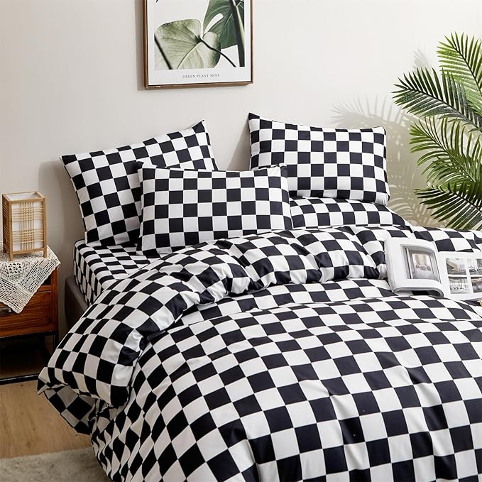Black and White Checkered Comforter Set Full Comforter Set 3 Pieces Comforter Set Lightweight and Soft All-Season Comforter with 1 Comforter and 2 Pillowcases