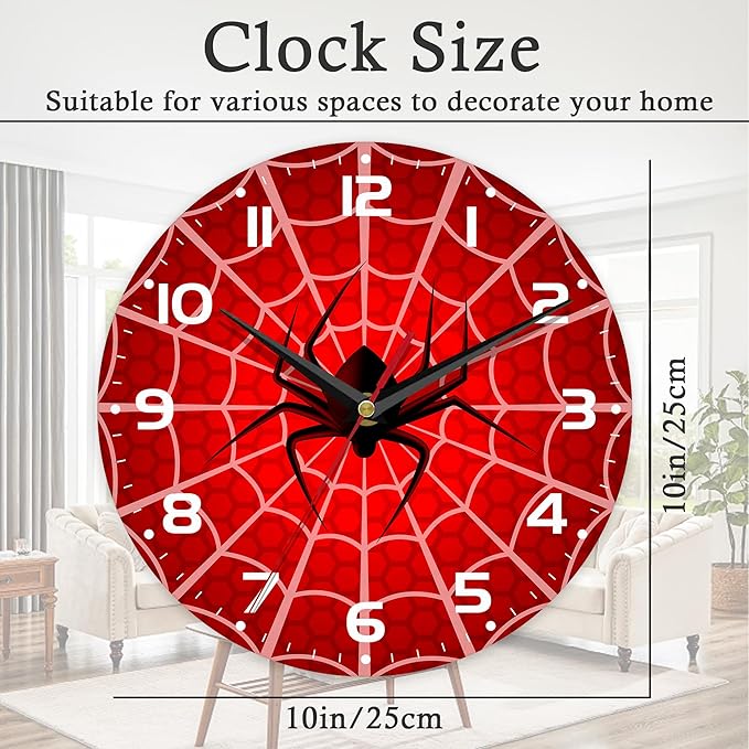 Wall Clock, 10 Inch Silent Non-Ticking Home Kitchen Decor, Battery Operated for Bathroom Bedroom Living Room Office(Red Spider Web)