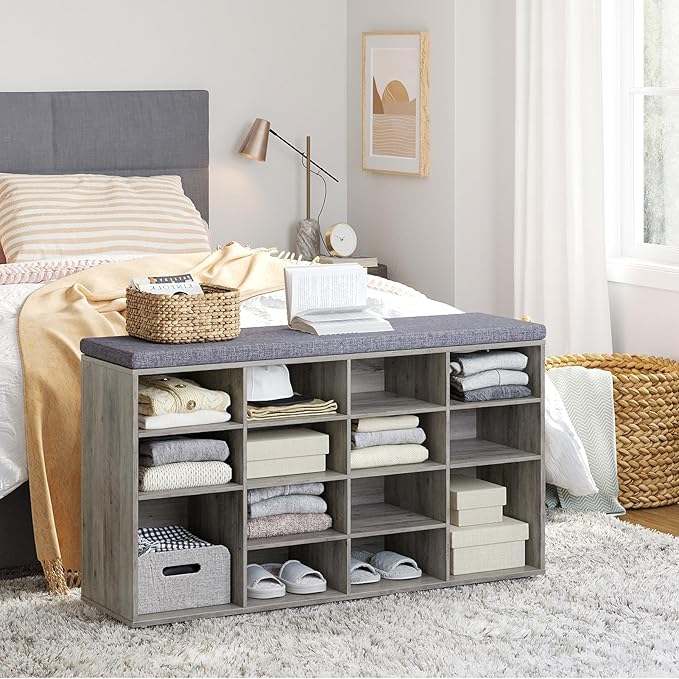 DINZI LVJ Shoe Storage Bench with Cushion, 14-Cubby Shoe Rack, Adjustable Shelves, Multifunctional Shoe Organizer Bench for Entryway, Mudroom, Hallway, Living Room, Bedroom and Garage, Gray Wash