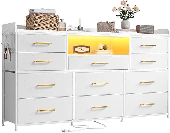 EnHomee Dresser TV Stand with 11 Drawers for 60" TV Stand for Bedroom with LED Lights & Power Outlets Long Dresser for Bedroom with Shelves & 4 Hooks Sturdy Metal Frame & Wood Top, White