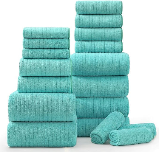 18 Piece Bath Towels Set,Ultra Soft Family Bathroom Towel Set with Hanging Loops-6 Bath Towels,6 Hand Towels,6 Washcloths,Highly Absorbent Quick Dry Shower Towel for Bathroom,Hotel,Spa-Teal Towel Set