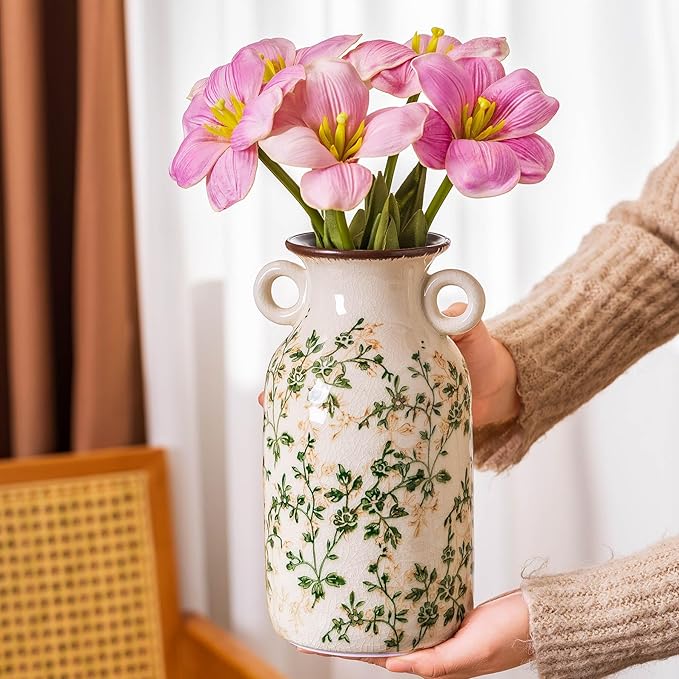 Vintage Pastoral Vase with Handles, Green and Beige Retro Ceramic Flower Vase, Rustic Farmhouse Vases Chinoiserie Floral Large Vase for Home Decor, Living Room, Kitchen, Bedroom and Shelf 9.1 Inch