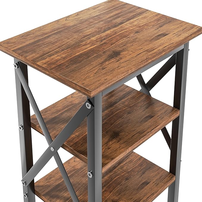 VECELO End Table Set of 2, Bedside Table, 24" Tall Living Room End Tables, X-Design Reinforced Nightstands, Side Table with 3-Tier Storage Shelves for Small Spaces, Office, Bedroom, Rustic Brown