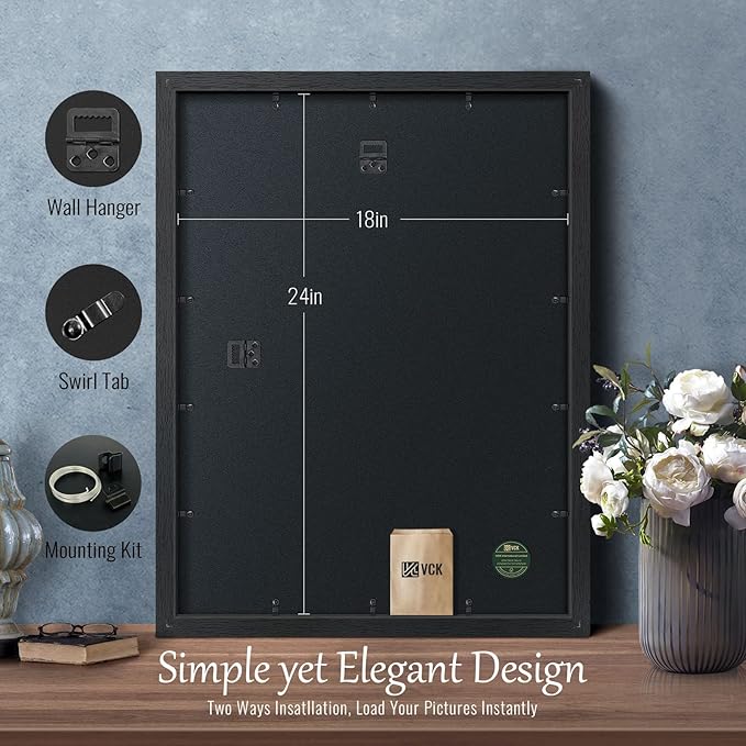 VCK 18x24 Poster Frame Set of 4 - Black, Gallery-Quality Wood Picture Frames, 1.1-Inch Wide Border, Polished Plexiglass, Vertical or Horizontal Wall Display for Photo/Art/Prints, Black