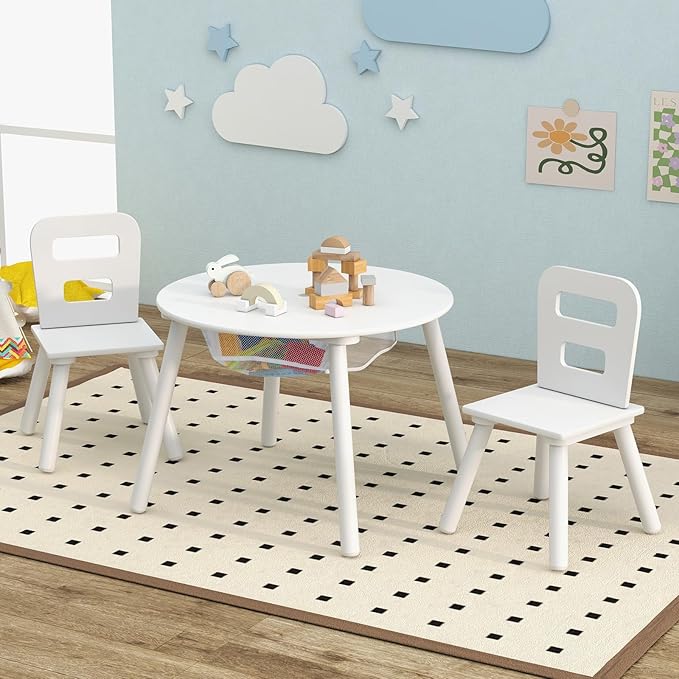 Costzon Kids Table and Chair Set, Wood Activity Table w/Center Mesh Storage, Children Furniture Gift for Boys & Girls, Ideal for Arts, Crafts, Snack Time, Homework, Toddler Table and Chairs, White