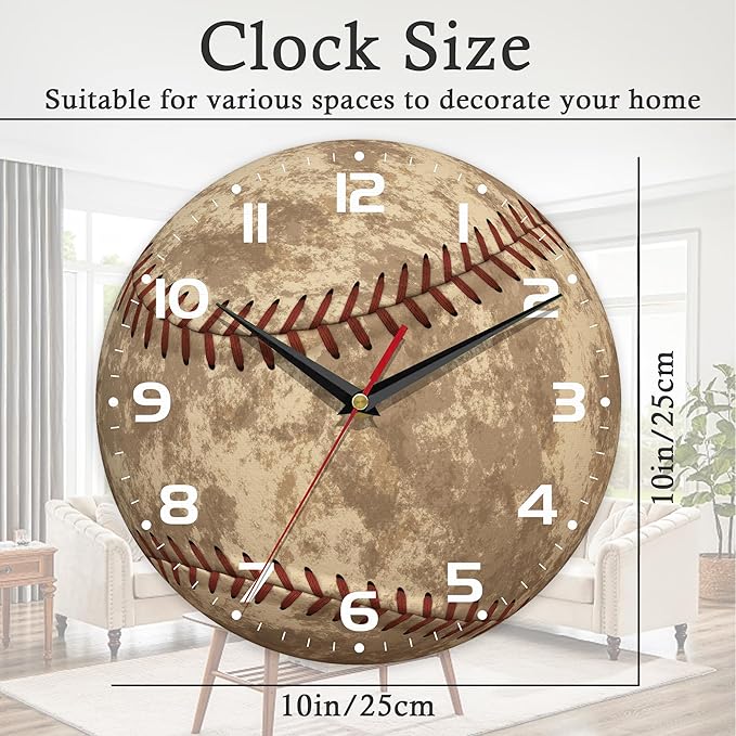 Wall Clock, 10 Inch Silent Non-Ticking Home Kitchen Decor, Battery Operated for Bathroom Bedroom Living Room Office(Vintage Baseball,Ball Game Sports American)
