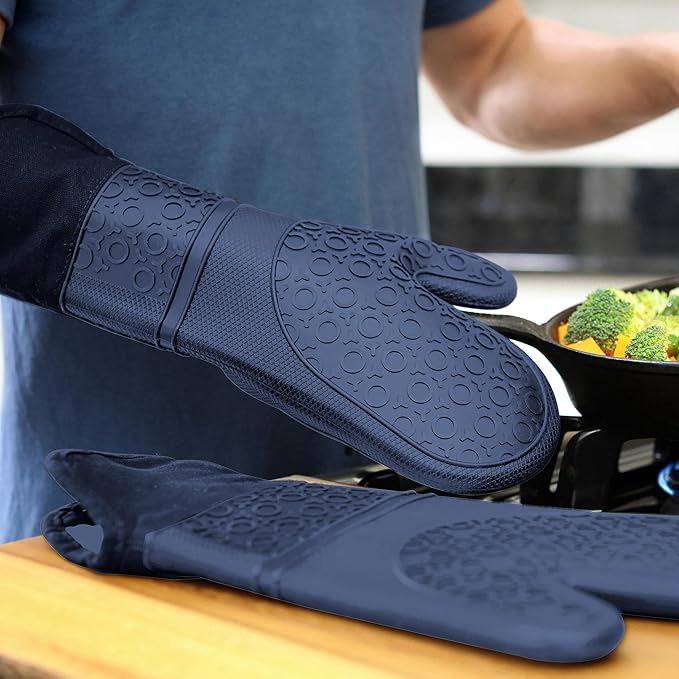 BPA-Free Soft Silicone Oven Mitts - Ultra Heat Resistant Oven Mitts with Thick Cotton Liner - Extra Long Slip Resistant Pot Holders, Flexible Oven Gloves - Navy 14.7"