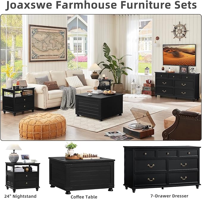 24" Wide Farmhouse Night Stand,Large End Table with 2 Drawers & Metal Handle,Wood Dresser for Bedroom, Black Bed Side Table Chest of Drawers Cabinet,Nightstand for Living Room,Closet