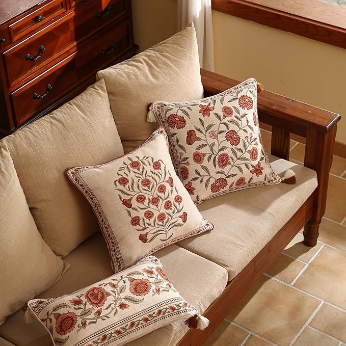 Design Linen Square Vintage Throw Pillow Covers 18"x18" Pack of 2, Brick Red Cushion Covers with Orange Floral Green Leaves Pattern Decoration Pillowcases for Bed,Living Room,Outdoor,Car