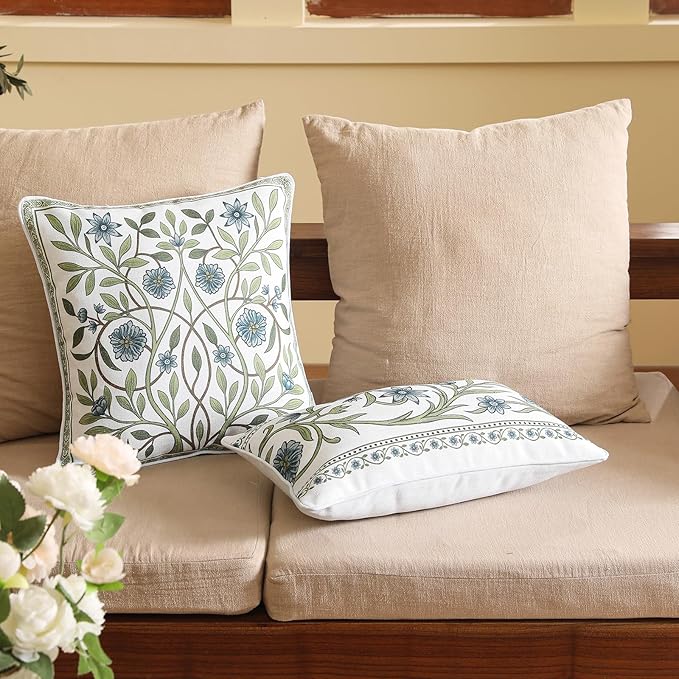 Design Fresh Linen Lumbar Throw Pillow Covers 12"x20" Pack of 2, French White Cottage Cushion Covers with Green Branches Pattern Decoration Pillowcases for Bed,Living Room,Outdoor,Car