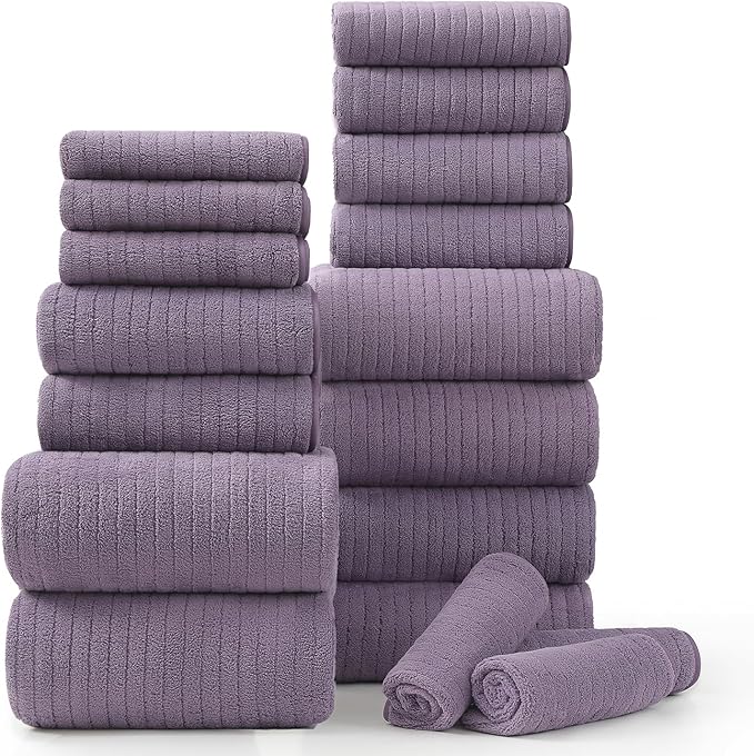 18 Piece Bath Towels Set,Soft Family Bathroom Towel Set with Hanging Loops-6 Bath Towels,6 Hand Towels,6 Washcloths,Highly Absorbent Quick Dry Shower Towel for Bathroom,Hotel,Spa-Purple Towel Set