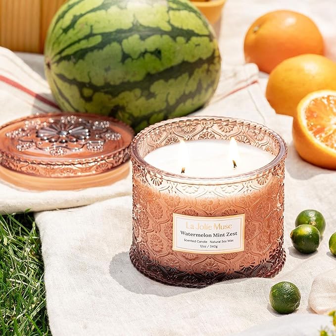 LA JOLIE MUSE Watermelon Mint Zest Scented Candle, Candles for Home Scented, Large 2-Wick Soy Candles, Luxury Jar Candle Gifts for Women & Men, 60 Hours Long Burning, 12oz