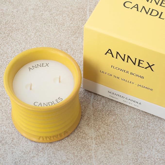 Scented Luxury Candles in Handmade Ceramic Jars, Soy Wax | Flower Bomb – Lily of The Valley & Jasmine, Large Candle | Non Toxic, 2 Wicks, Reusable Yellow Jar | Natural Spring Aromatherapy for Women