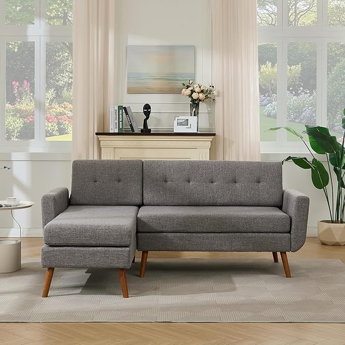 Tbfit L Shaped Couch Sofa, 80" W Mid-Century Modern Sectional Couches, 3 Seater Sofas with Wide Chaise Lounge & Two Pillows,Button Tufted Upholstered Sectional Sofa for Living Room, Bedroom, Gray