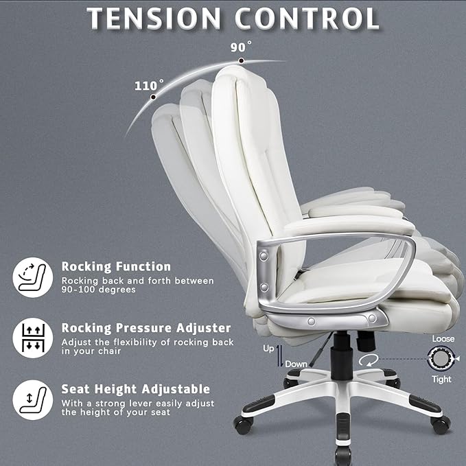 LEMBERI Office Desk Chair, Big and Tall Managerial Executive Chair, High Back Computer Chair, Ergonomic Adjustable Height PU Leather Chairs with Cushions Armrest for Long Time Sitting (White)